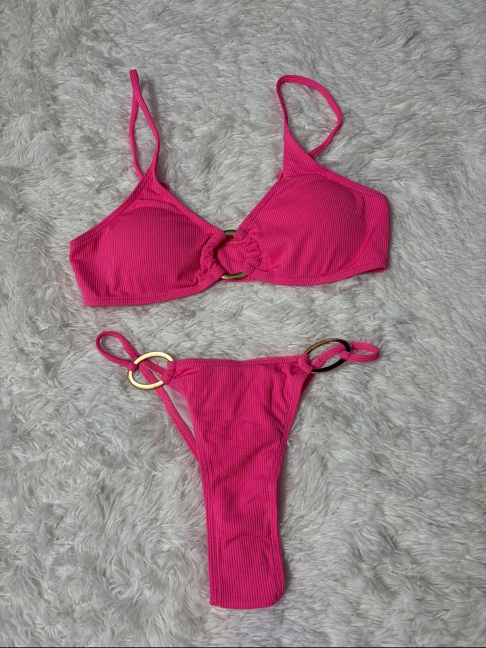 New In Packaging Zando Light Bright Pink Ribbed Thong Bikini Swim Set Size S